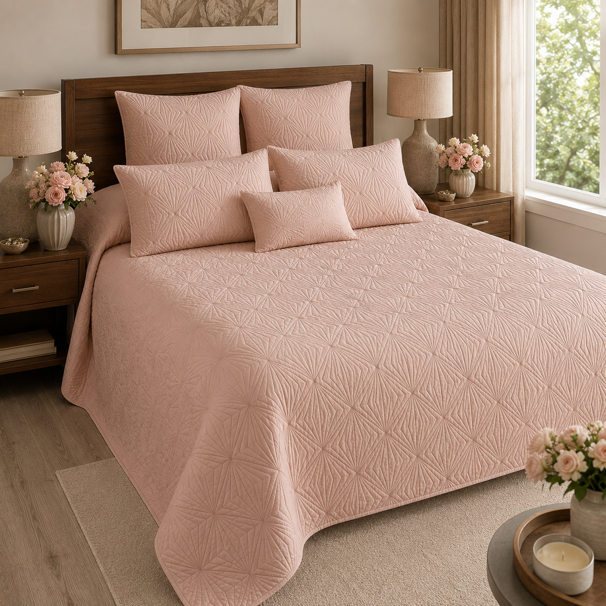 HARPER MEDITERRANEAN SERENITY DUSTY BLUSH QUILTED 6 PIECE BEDCOVER SET