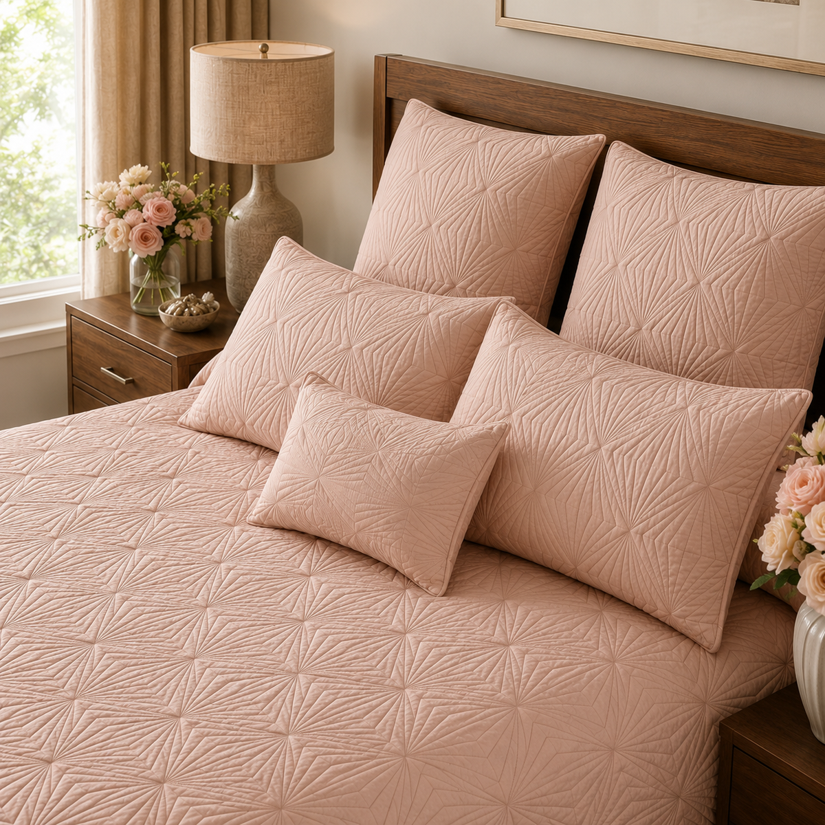 HARPER MEDITERRANEAN SERENITY DUSTY BLUSH QUILTED 6 PIECE BEDCOVER SET