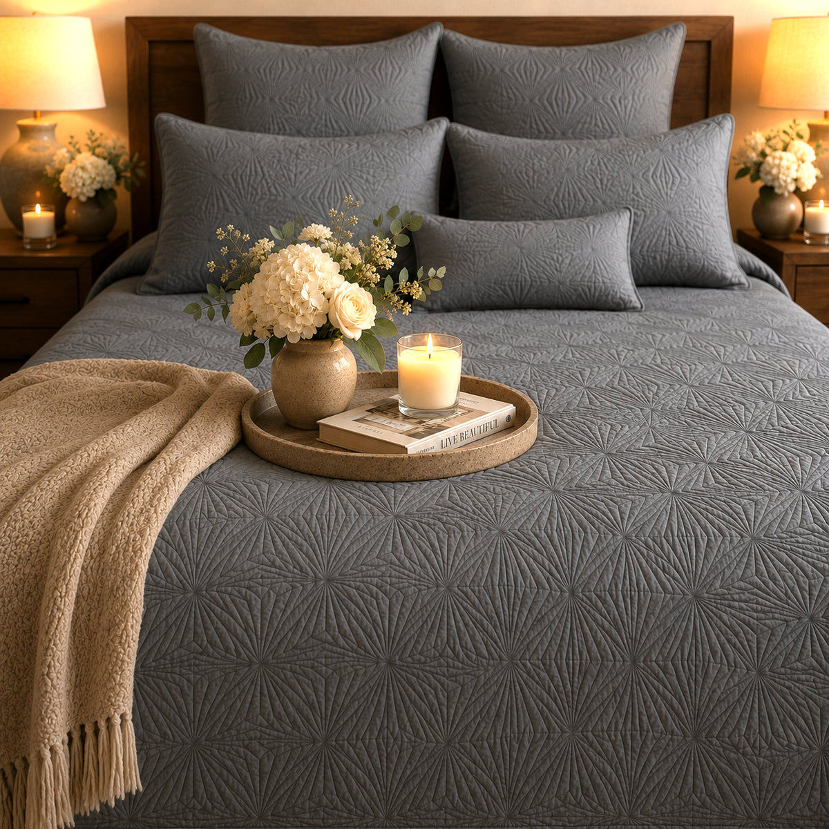 HENSLEY MEDITERRANEAN SERENITY COASTAL SLATE QUILTED 6 PIECE BEDCOVER SET