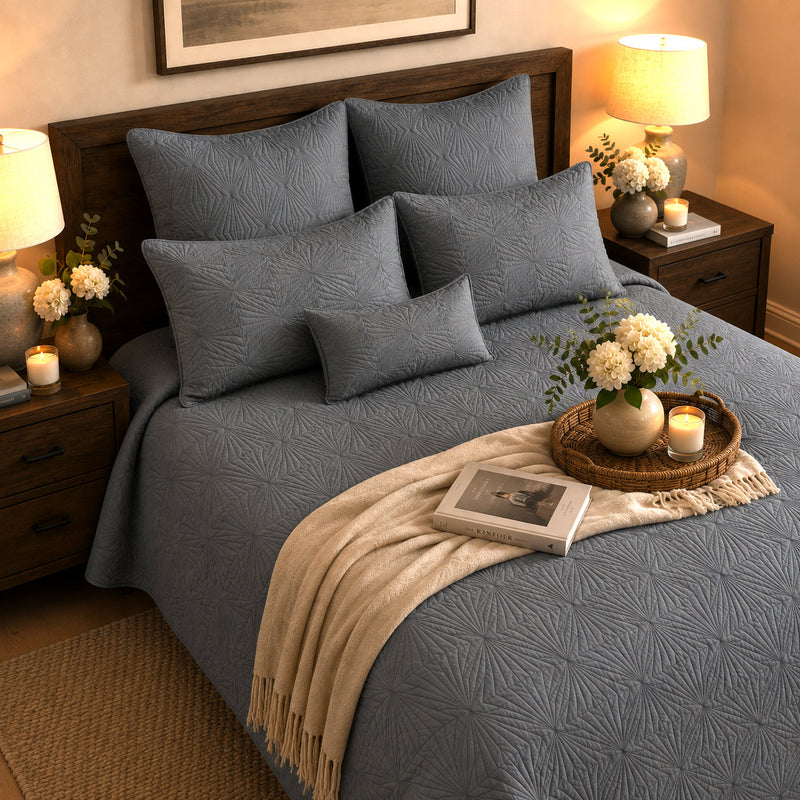 HENSLEY MEDITERRANEAN SERENITY COASTAL SLATE QUILTED 6 PIECE BEDCOVER SET